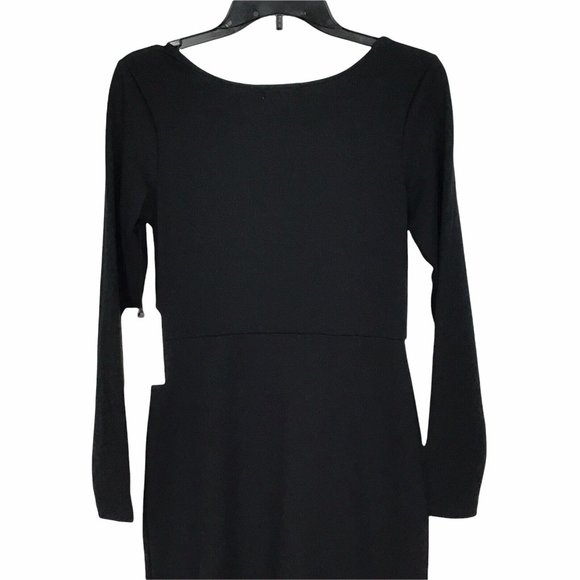 Leith Womens S Scoop Neck Long Sleeve Side Slit Midi Dress Black Stretch NEW - Picture 4 of 5